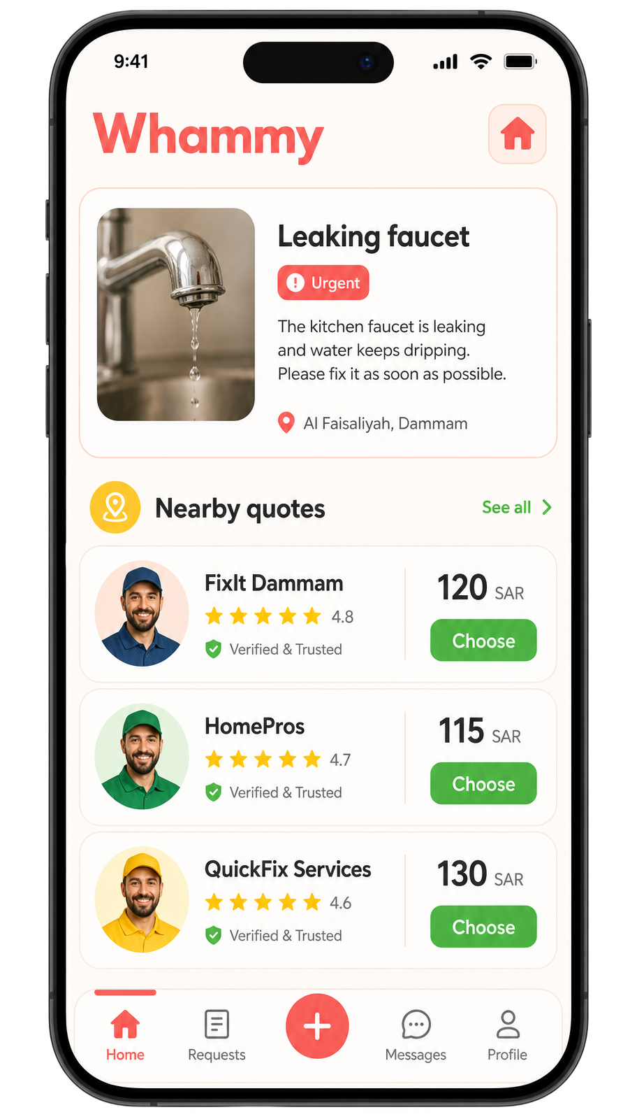 Homly app showing a leaking faucet request in Dammam with three nearby provider quotes