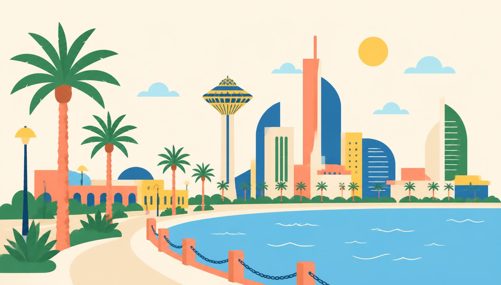 Flat illustration of the Dammam waterfront skyline with palm trees